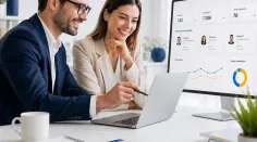 Dvaja profesionáli v kancelárii pri analýze online prezentácie personálnej agentúry